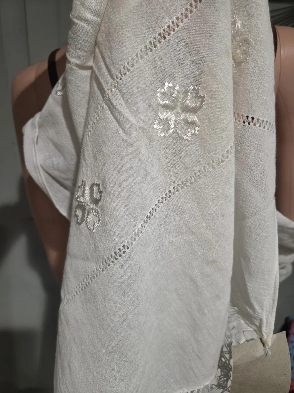 Vintage 1980s Romanian 100% Cotton Embroidered White Shawl Scarf NWT